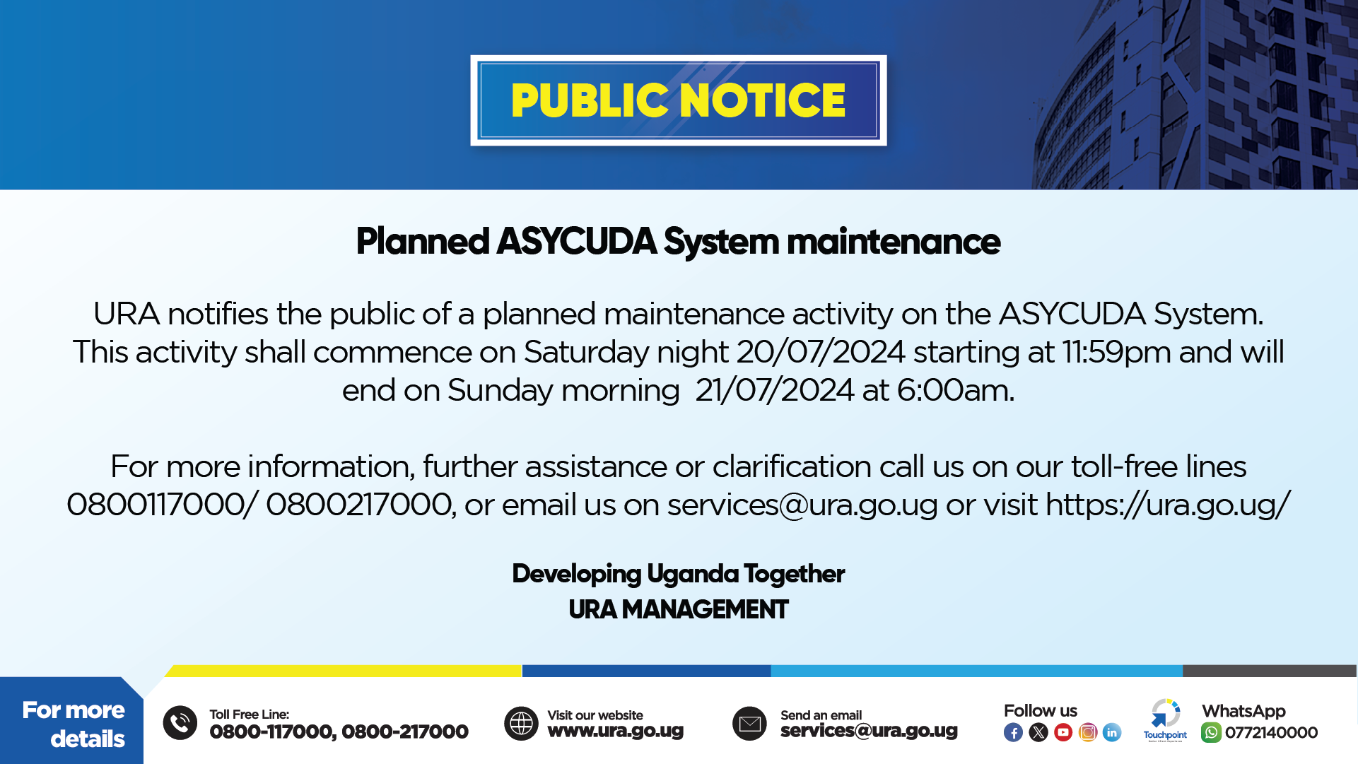 Planned ASYCUDA System Maintenance - Uganda Revenue Authority